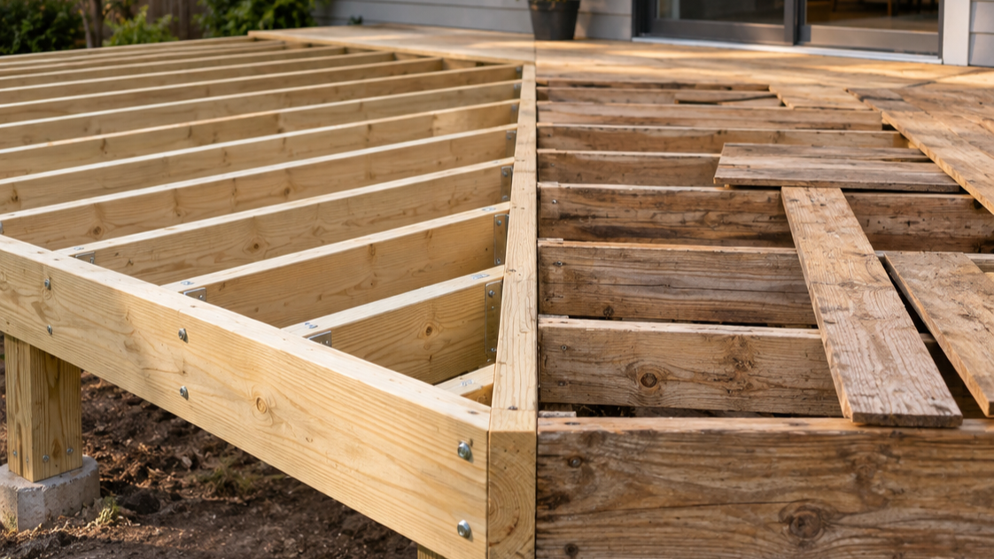 A split view of a wooden deck under construction, showing new framing on the left and older exposed joists and decking on the right.